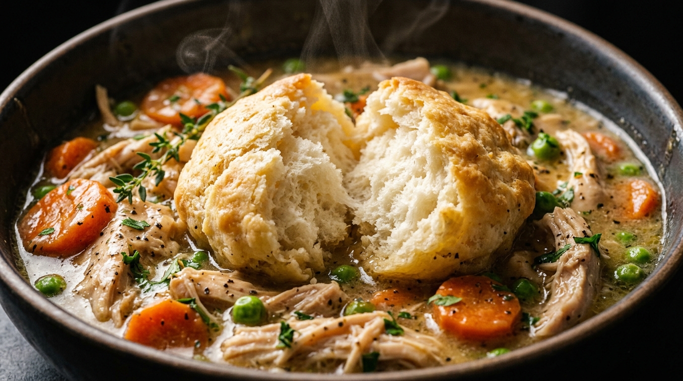 Ultra close-up macro of slow cooker chicken and dumplings made with canned biscuits showing rich herb gravy, shredded chicken, and fluffy steamed biscuit dumplings