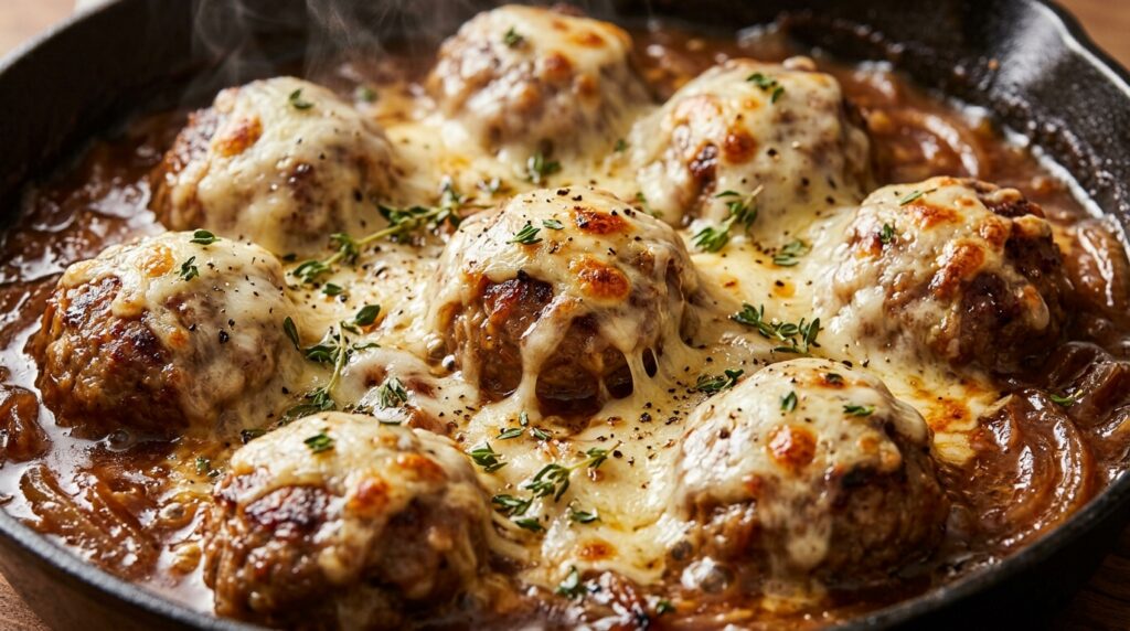 Ultra close-up macro food photography of one-pan French onion beef meatballs smothered in caramelized onion gravy and melted bubbling Gruyère cheese