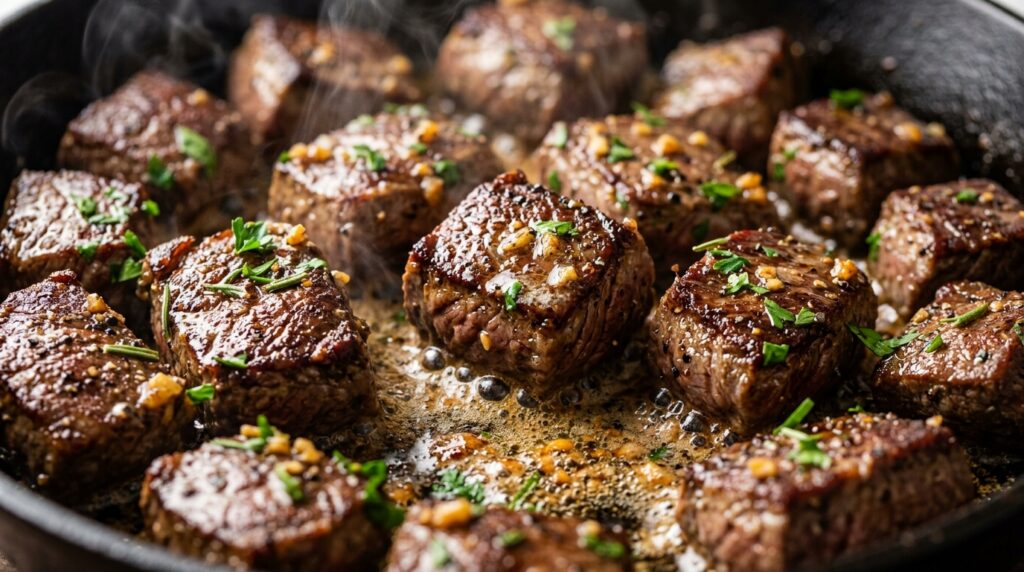 Ultra close-up macro food photography of tender garlic butter steak bites pan-seared to a caramelized crust and coated in foaming garlic herb butter