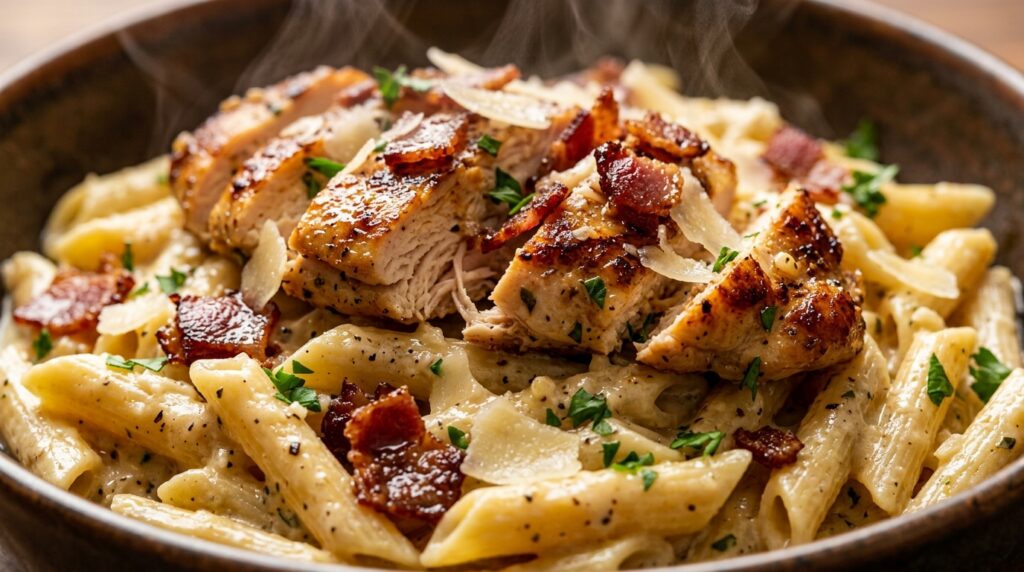 Ultra close-up macro food photography of creamy garlic parmesan chicken and beef bacon pasta with glistening sauce
