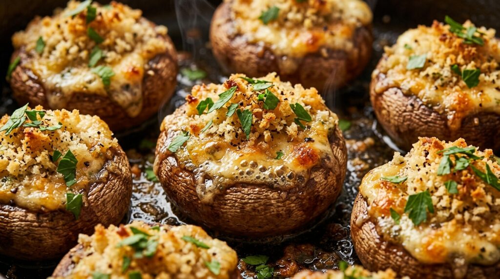 Ultra close-up macro food photography of sizzling golden brown garlic herb cream cheese stuffed mushrooms