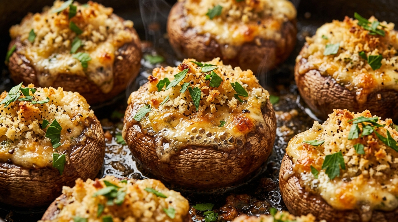 Ultra close-up macro food photography of sizzling golden brown garlic herb cream cheese stuffed mushrooms bursting with melted cheese and crispy panko