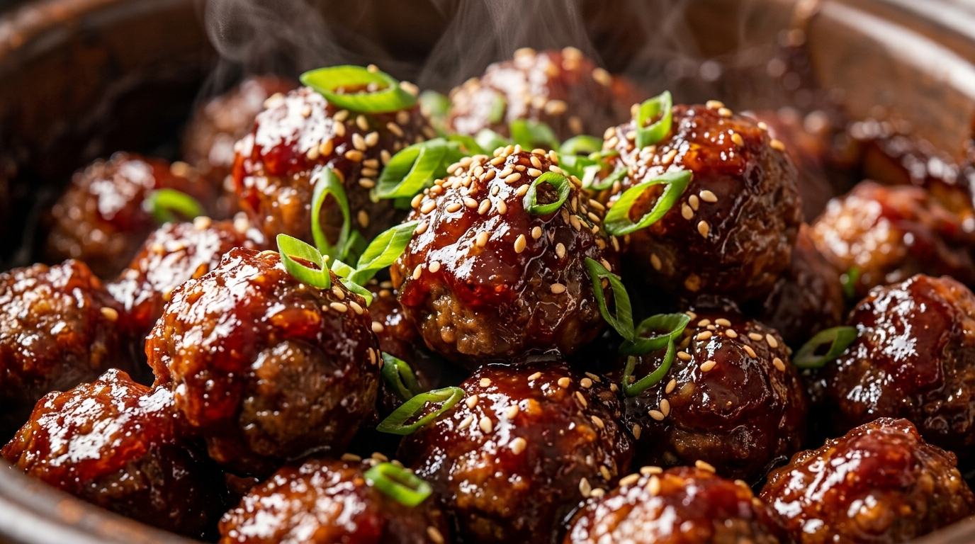 Ultra close-up macro food photography of slow-cooker sweet and tangy grape jelly BBQ meatballs with glossy caramelized glaze