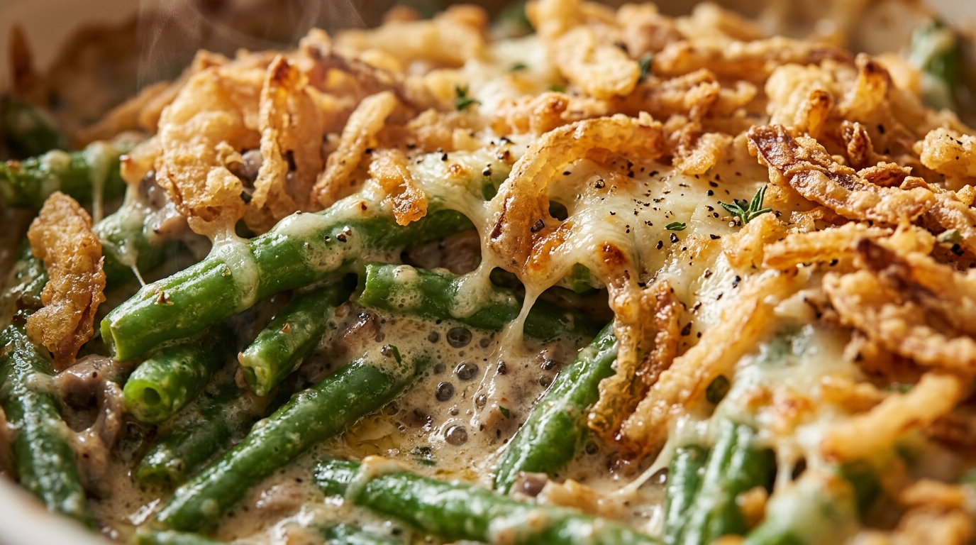 Ultra close-up macro food photography of slow-cooker creamy green bean casserole with bubbly garlic cream and crispy fried onions