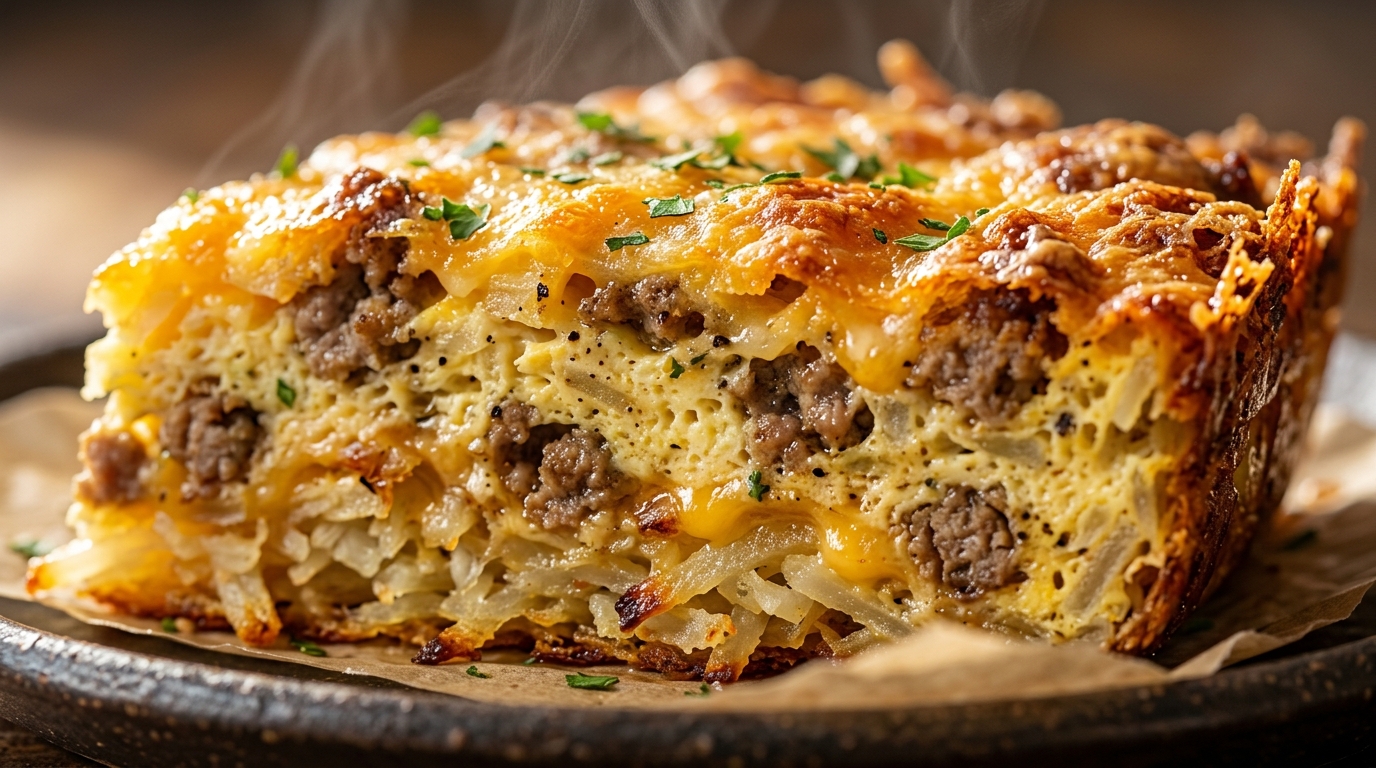 Ultra close-up macro food photography of a freshly baked easy overnight hashbrown sausage breakfast casserole slice with bubbling cheddar cheese