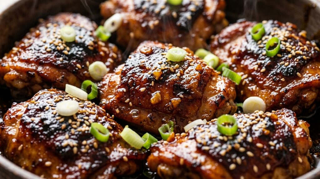 Ultra close-up macro food photography of sticky slow cooker honey garlic chicken thighs with glossy caramelized glaze and sesame seeds