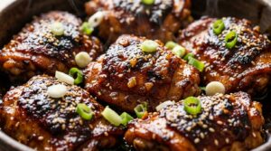 Ultra close-up macro food photography of sticky slow cooker honey garlic chicken thighs with glossy caramelized glaze and sesame seeds