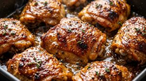 Ultra close-up macro food photography of crispy baked honey mustard chicken thighs with sticky caramelized Dijon glaze and fresh thyme