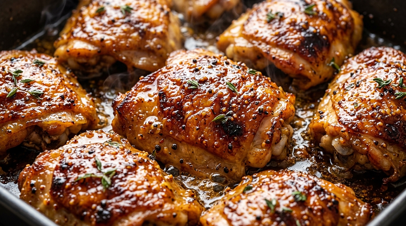Ultra close-up macro food photography of crispy baked honey mustard chicken thighs with sticky caramelized Dijon glaze and fresh thyme