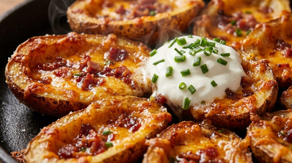 Ultra close-up macro food photography of crispy baked loaded potato skins overflowing with bubbling melted sharp cheddar cheese, crispy beef bacon bits, sour cream, and chives