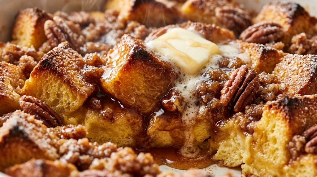 Ultra close-up macro food photography of overnight maple pecan brioche french toast casserole topped with candied caramelized pecans and warm maple syrup