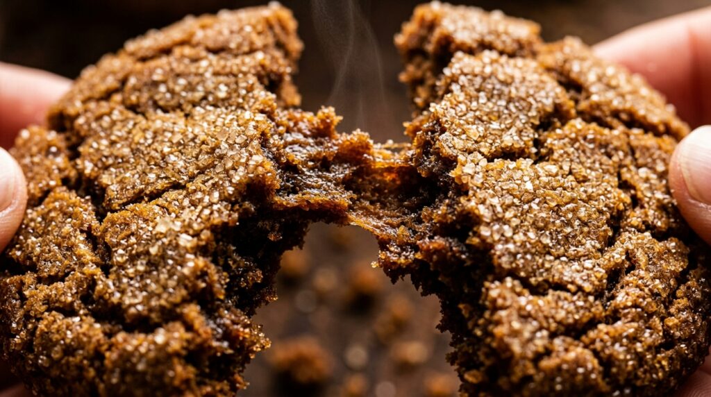 Ultra close-up macro food photography of soft and chewy spiced molasses ginger cookies with crinkly cracked top and sparkling sugar crystals