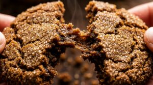 Ultra close-up macro food photography of soft and chewy spiced molasses ginger cookies with crinkly cracked top and sparkling sugar crystals