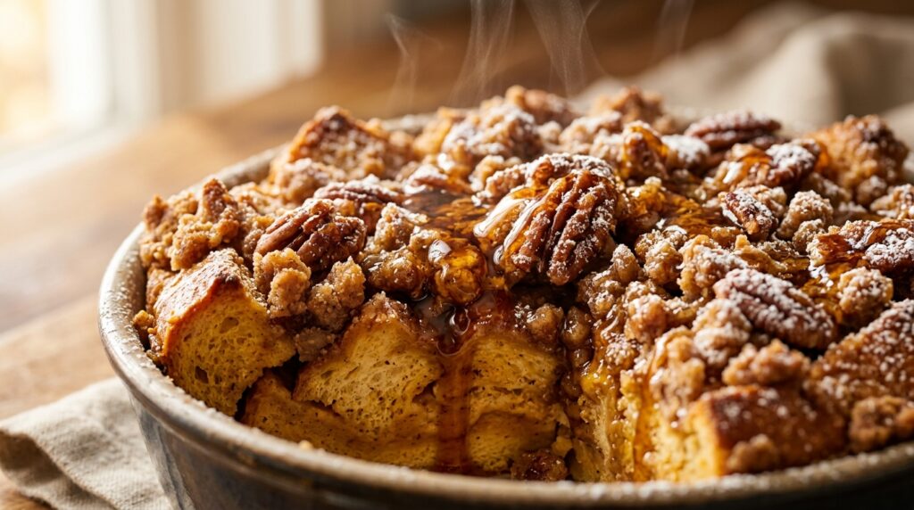 Ultra close-up macro of overnight spiced pumpkin brioche french toast casserole showing golden caramelized pecan streusel, custardy interior, and warm maple syrup drip