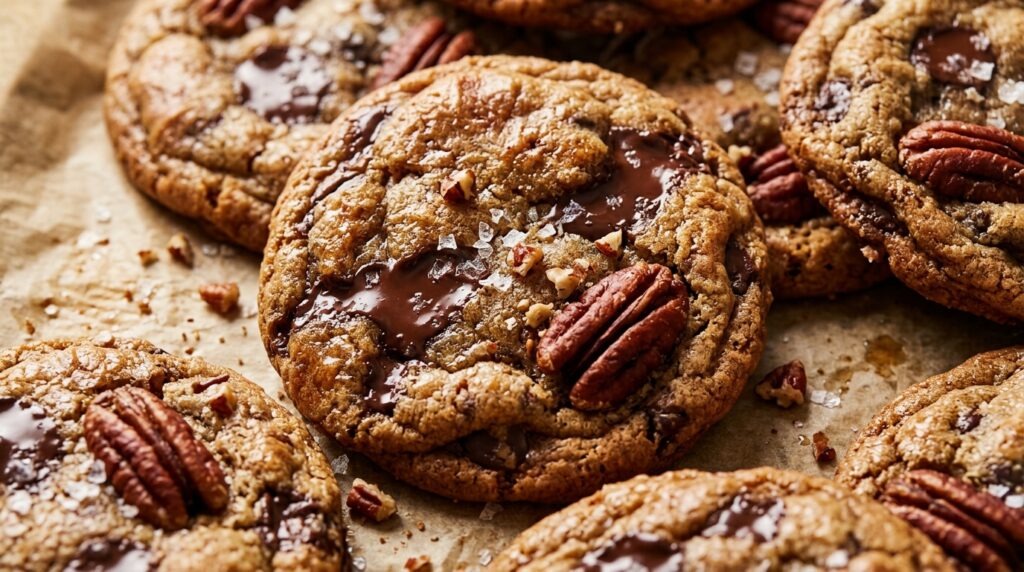 Ultra close-up macro food photography of thick chewy brown butter pecan chocolate chip cookies with molten chocolate puddles and flaky sea salt