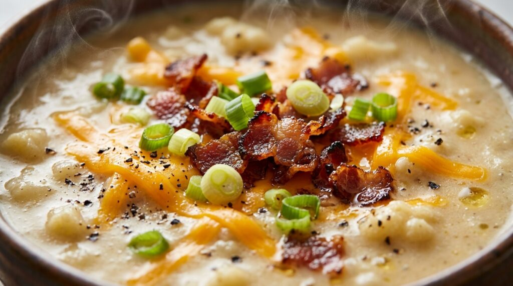 Ultra close-up macro food photography of creamy slow-cooker loaded potato and cauliflower soup garnished with melted cheddar, crispy beef bacon bits, and chopped chives