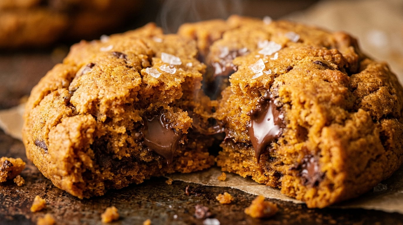 Ultra close-up macro food photography of freshly baked soft bakery style pumpkin chocolate chip cookies broken open with gooey melted chocolate