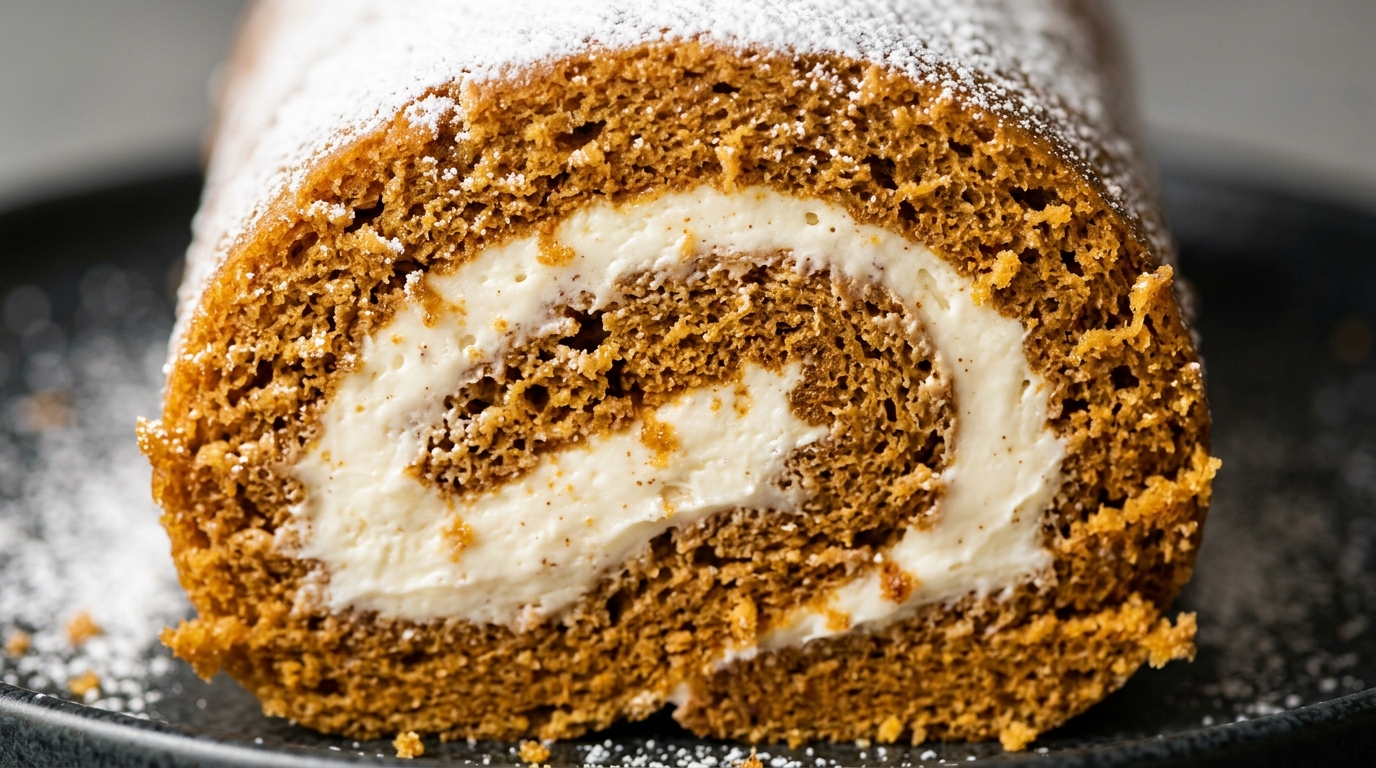 Ultra close-up macro food photography of a slice of classic spiced pumpkin roll with luscious cream cheese filling and powdered sugar