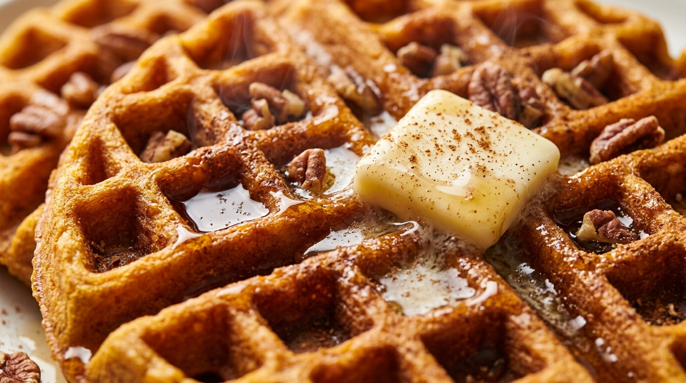Ultra close-up macro food photography of crispy Belgian pumpkin spiced waffles with melted butter, warm maple syrup, and toasted pecans