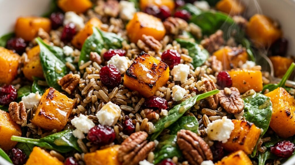 Ultra close-up macro of autumn roasted butternut squash and wild rice salad with caramelized squash cubes, wild rice, cranberries, pecans, and goat cheese