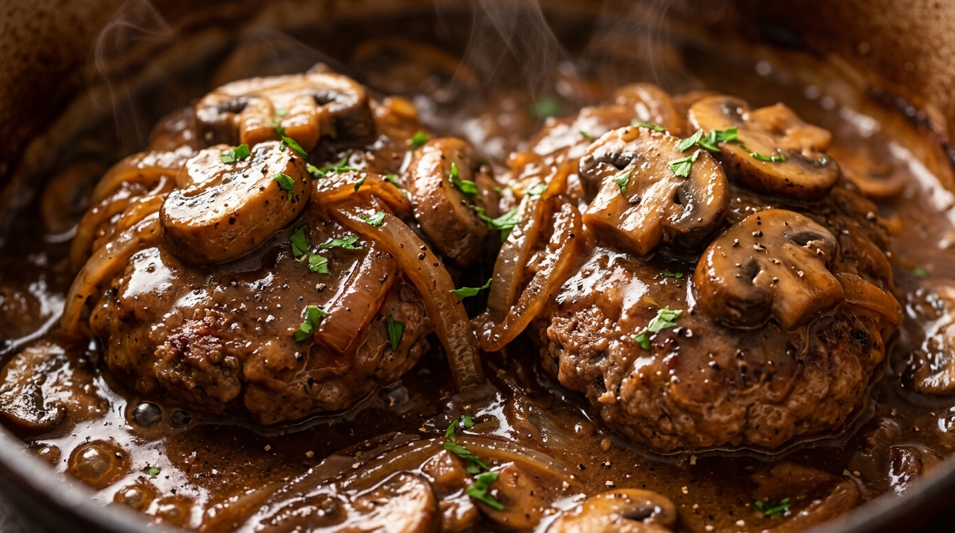 Ultra close-up macro food photography of sizzling tender slow cooker Salisbury steak patties smothered in glistening rich mushroom and onion brown gravy