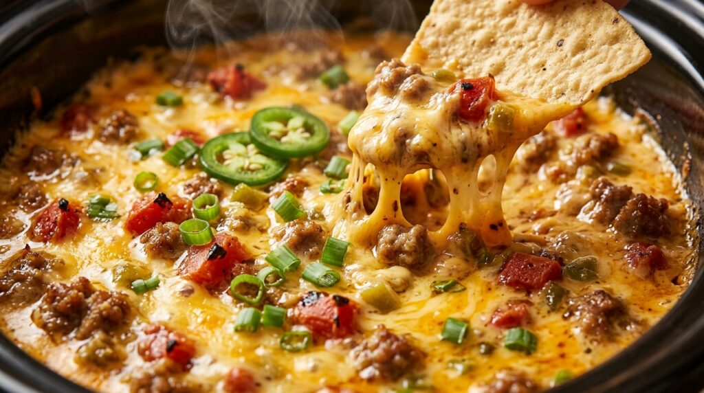 Ultra close-up macro food photography of warm creamy slow cooker sausage rotel cheese dip with gooey melted cheese and savory sausage