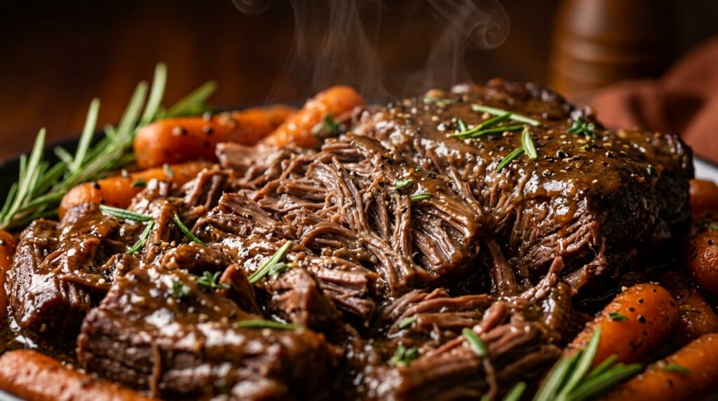 Ultra close-up macro food photography of slow cooker beef pot roast