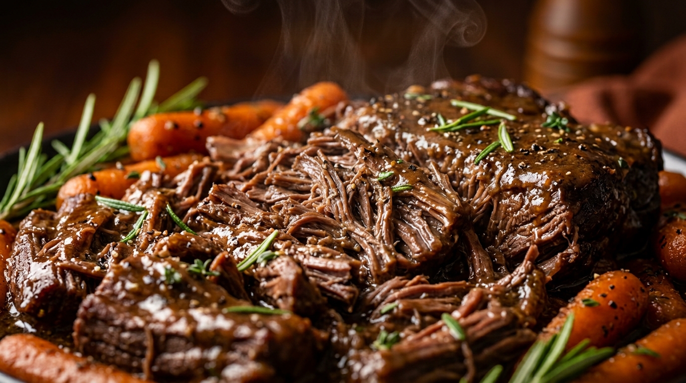 Ultra close-up macro food photography of slow cooker beef pot roast showing fork-tender beef chuck roast glistening with rich dark herb bone broth gravy, tender carrots, and rosemary