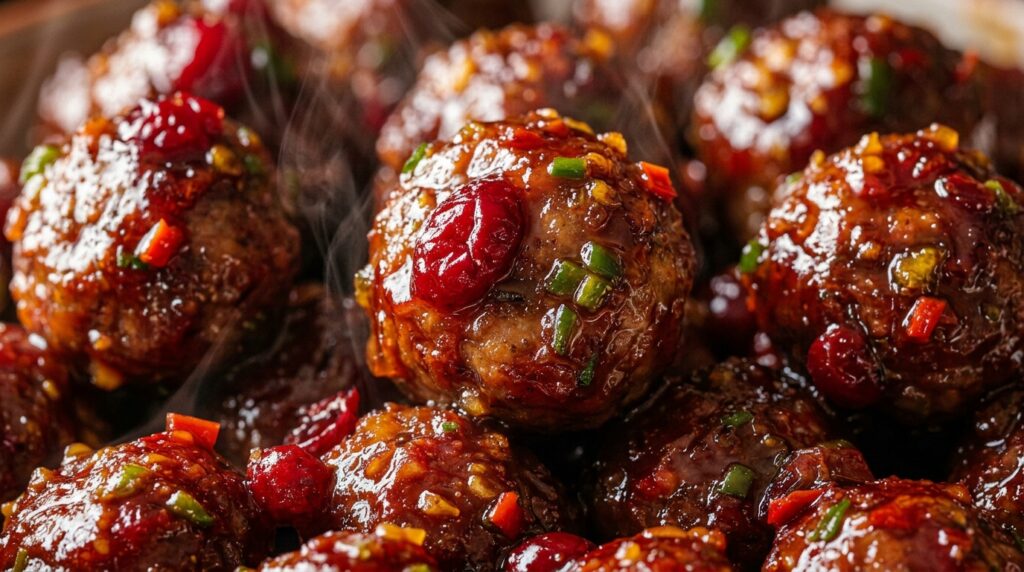Ultra close-up macro of slow cooker cranberry jalapeno glazed meatballs glistening in rich ruby red sweet and spicy sauce