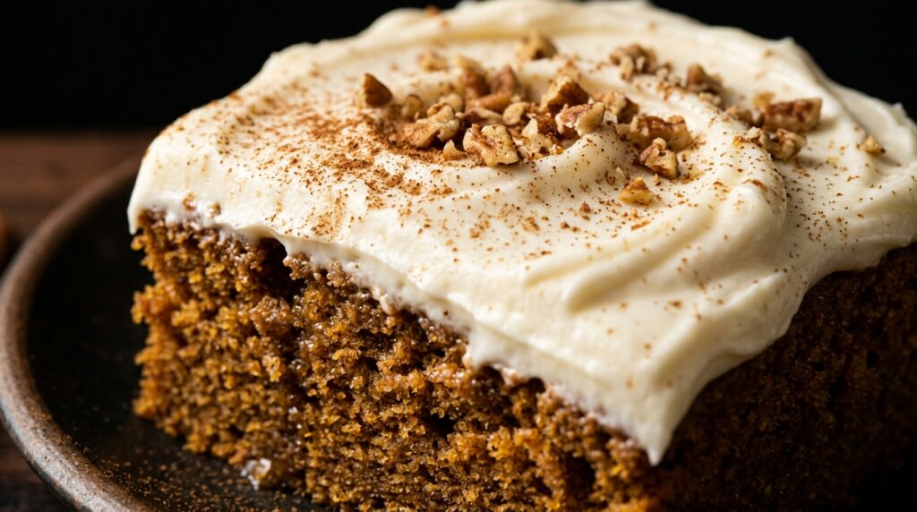 Ultra close-up macro of soft spiced pumpkin bars with thick luscious swirls of cream cheese frosting dusted with cinnamon
