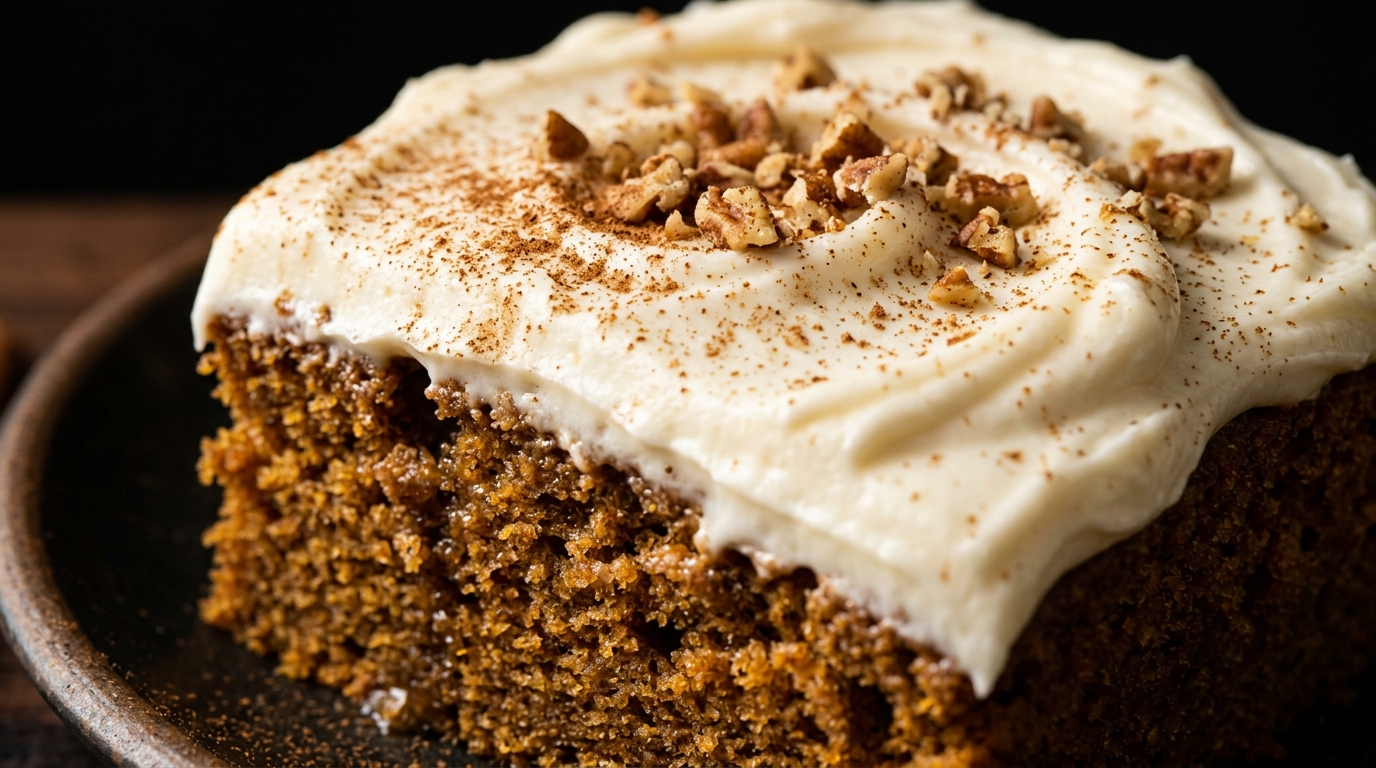 Ultra close-up macro of soft spiced pumpkin bars with thick luscious swirls of cream cheese frosting dusted with cinnamon