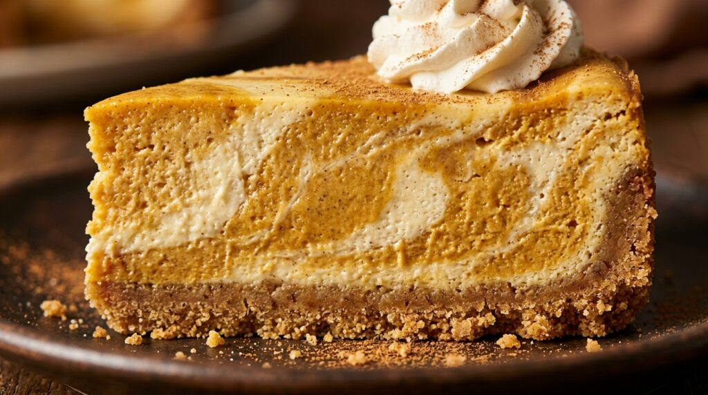 Ultra close-up macro food photography of a slice of bakery style spiced pumpkin swirl cheesecake