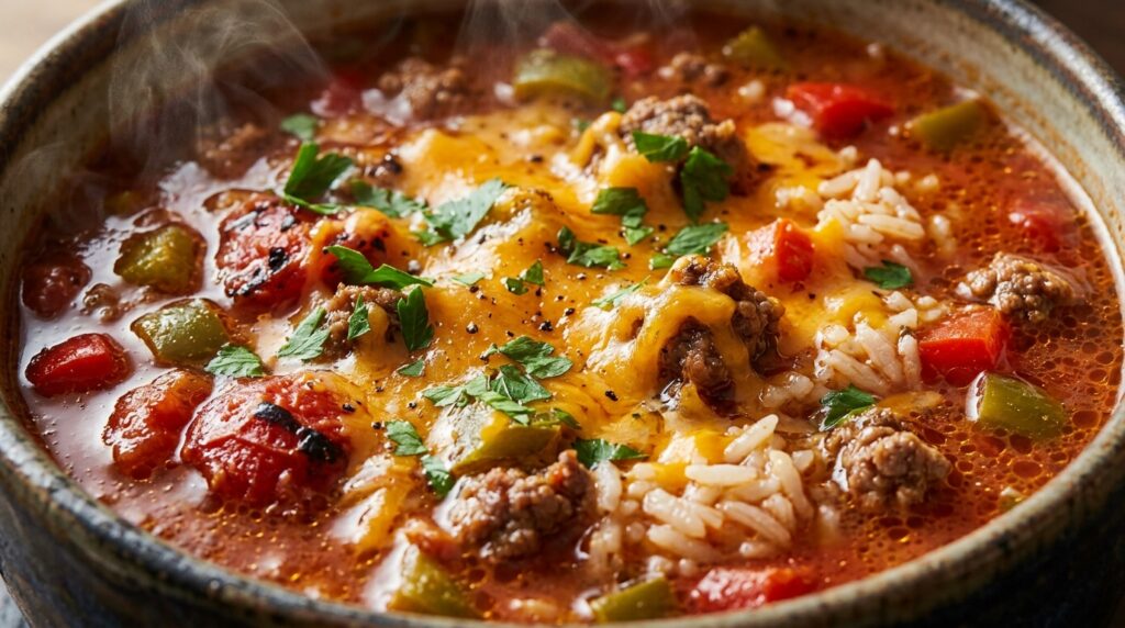Ultra close-up macro food photography of rich simmering slow cooker stuffed bell pepper soup