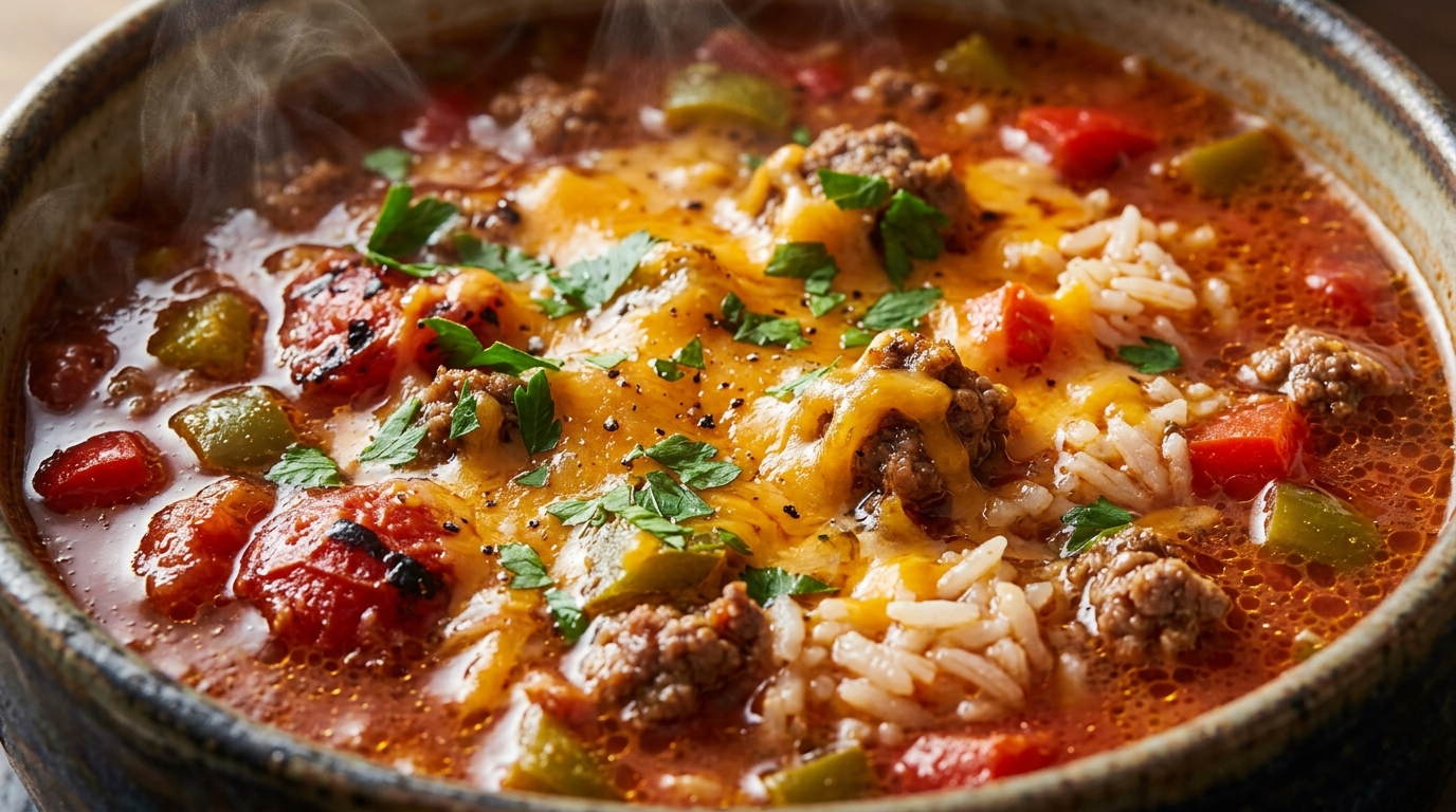 Ultra close-up macro food photography of rich simmering slow cooker stuffed bell pepper soup loaded with seasoned ground beef, peppers, rice, and melted cheddar