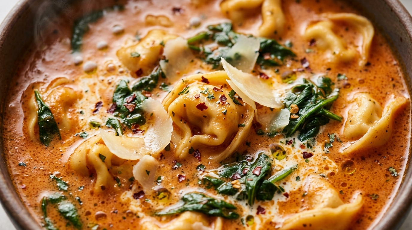 Ultra close-up macro food photography of slow-cooker creamy tomato tortellini soup with tender cheese tortellini, wilted baby spinach, and shaved parmesan