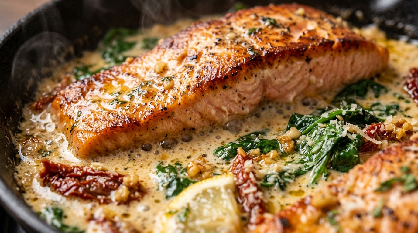 Ultra close-up macro food photography of pan-seared garlic butter tuscan salmon simmering in velvety garlic parmesan cream sauce