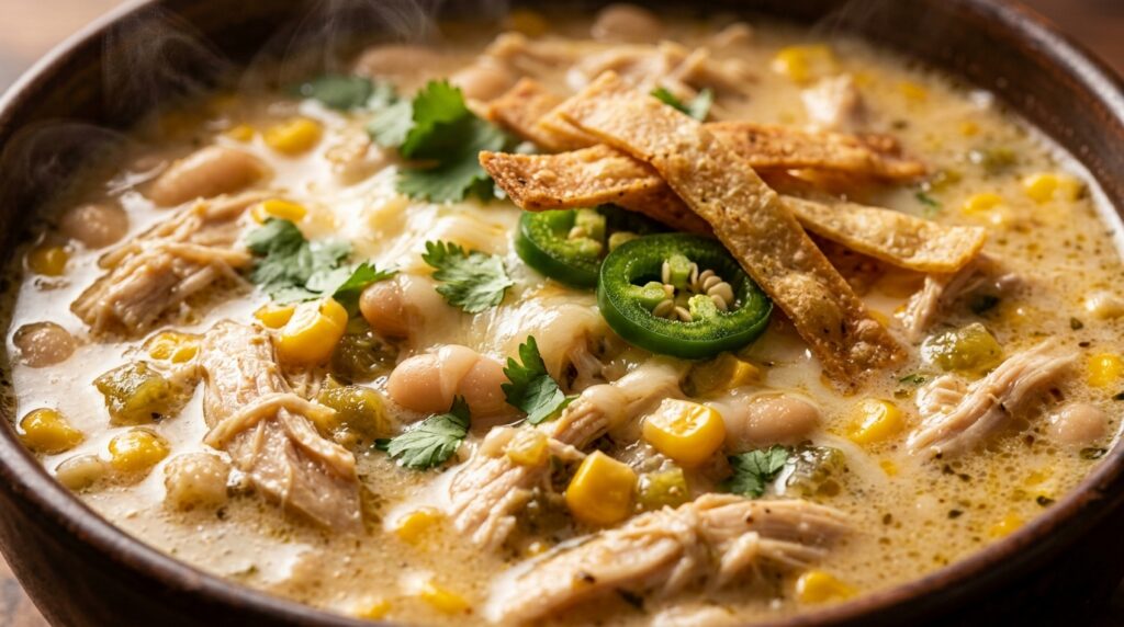 Ultra close-up macro food photography of a bowl of creamy slow-cooker white chicken chili with shredded chicken and melted cheese