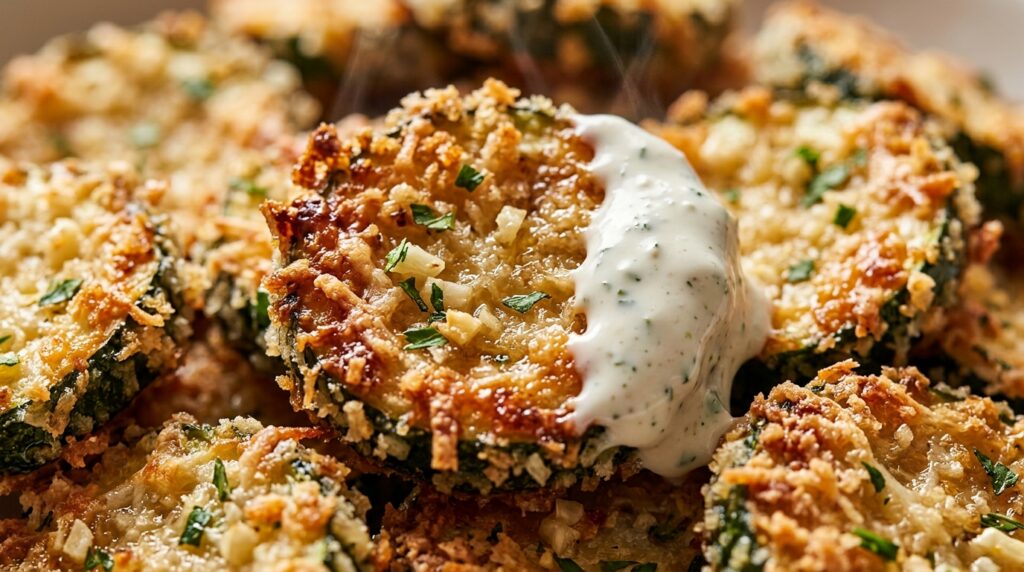 Ultra close-up macro food photography of crispy baked garlic parmesan zucchini bites crusted with golden panko and melted parmesan